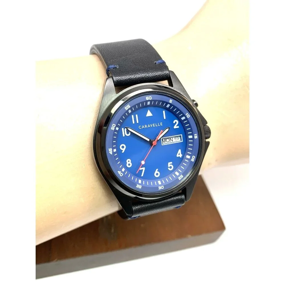 Caravelle by Bulova Men's Watch 45C118 Quartz Blue Dial Black Leather Band 40mm
